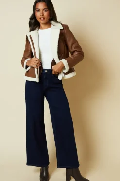 Brown Faux Leather Short Aviator Jacket