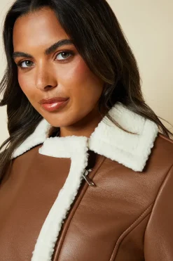 Brown Faux Leather Short Aviator Jacket
