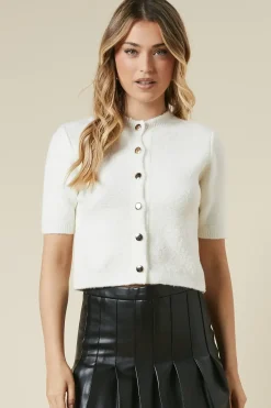 Brushed Short Sleeve Button Down Crop Cardigan