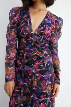 Brush Print Ruched Front V Neck Midi Dress