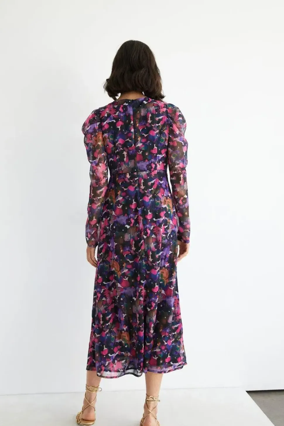 Brush Print Ruched Front V Neck Midi Dress