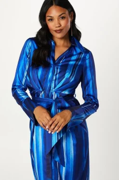 Brushstroke Print Pleated Waist Satin Shirt Dress
