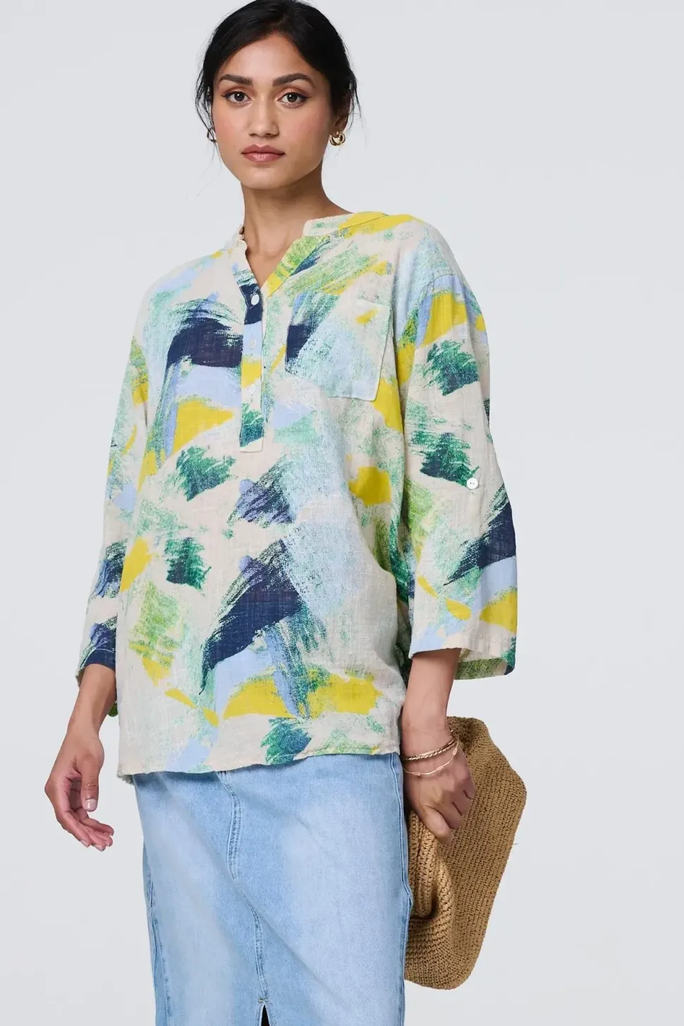 Brushstroke Print Relaxed 3/4 Sleeve Blouse