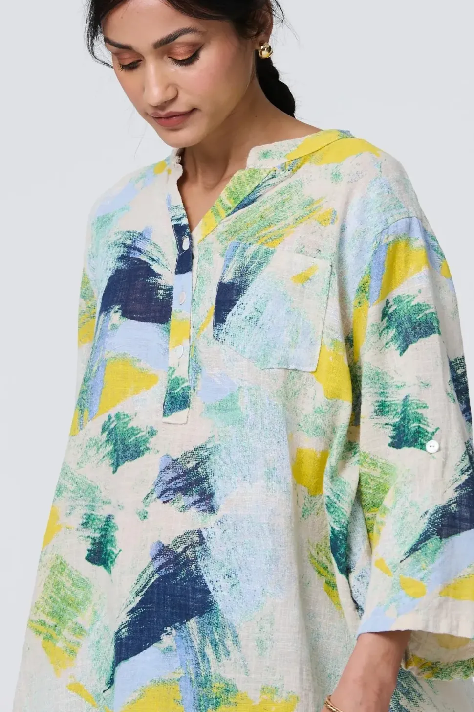 Brushstroke Print Relaxed 3/4 Sleeve Blouse
