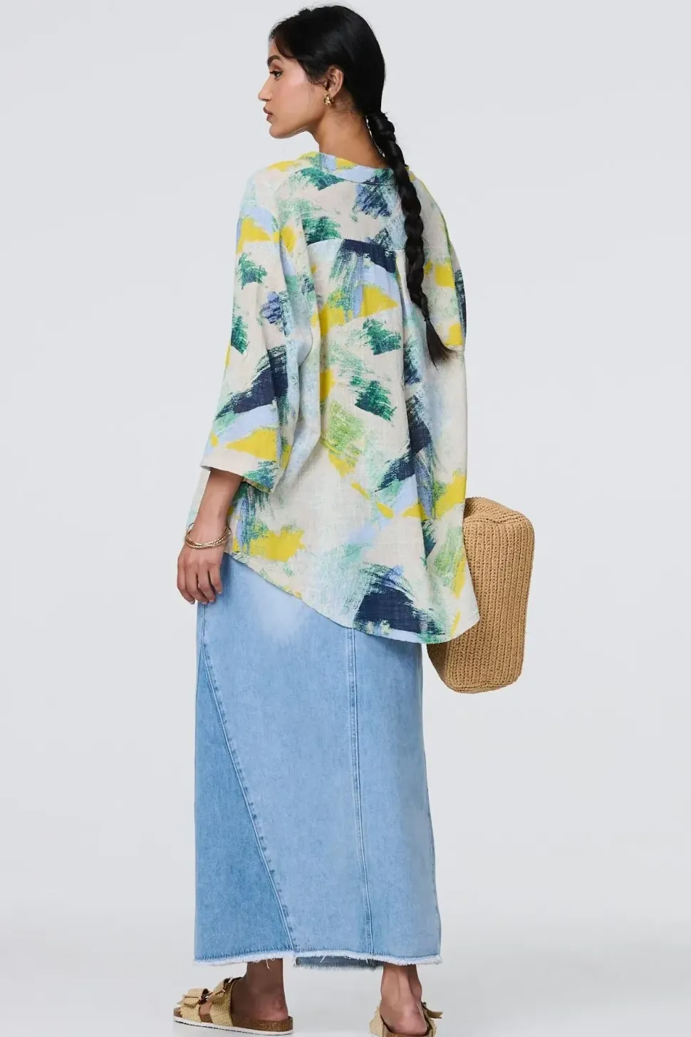 Brushstroke Print Relaxed 3/4 Sleeve Blouse