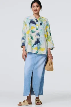 Brushstroke Print Relaxed 3/4 Sleeve Blouse