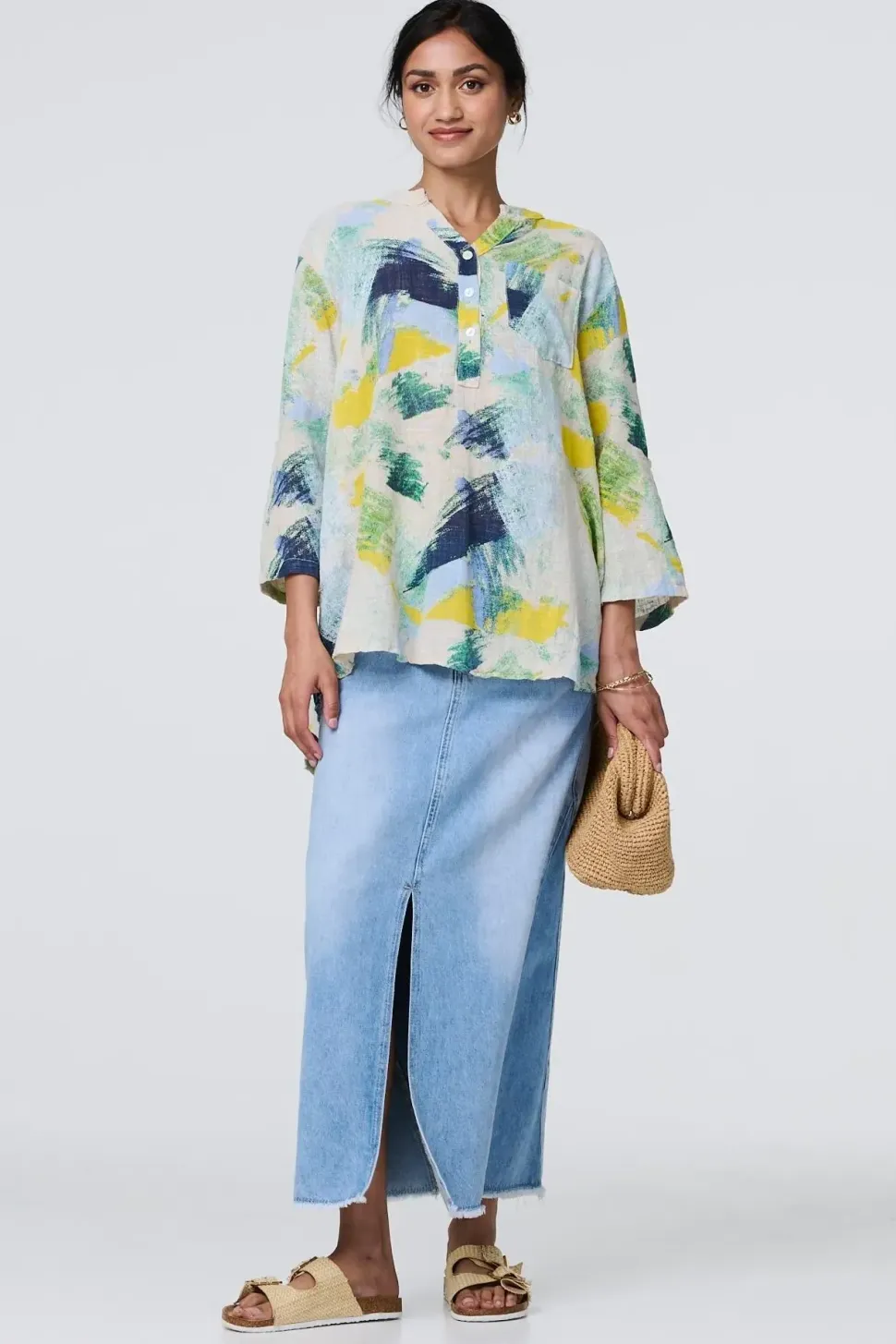 Brushstroke Print Relaxed 3/4 Sleeve Blouse