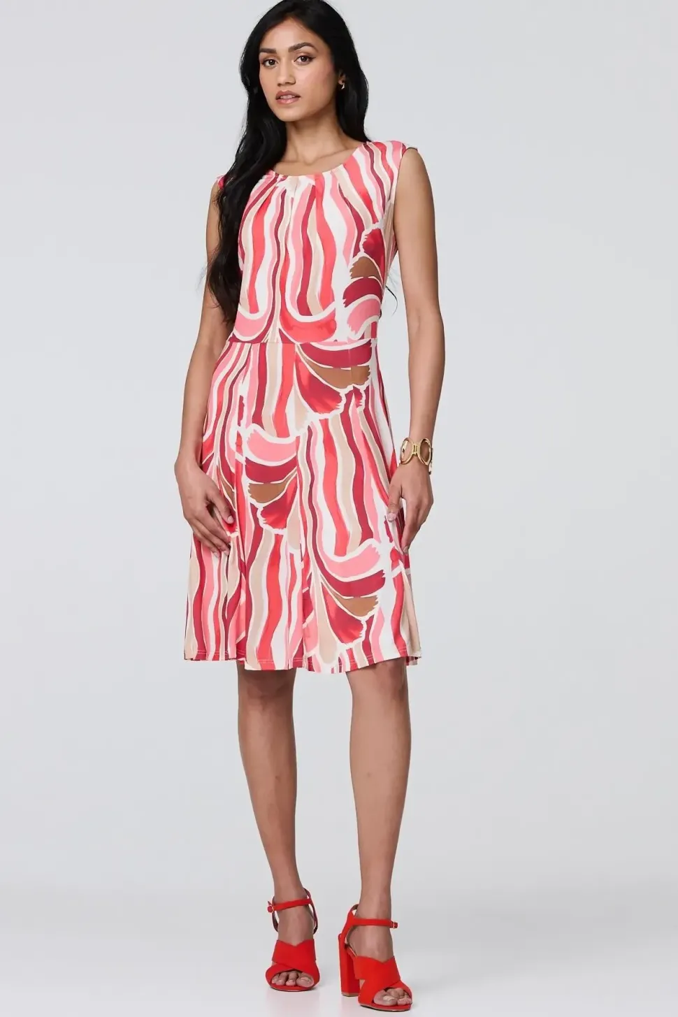 Brushstroke Print Sleeveless Knee Length Dress
