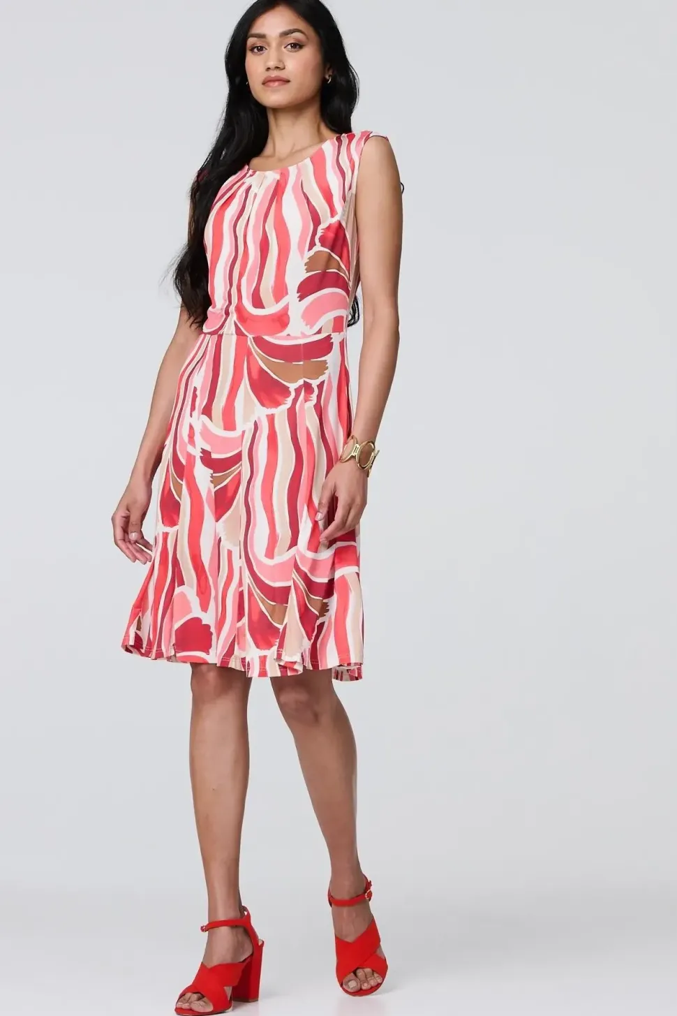 Brushstroke Print Sleeveless Knee Length Dress