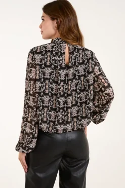 Bubble Hem High Neck Printed Top
