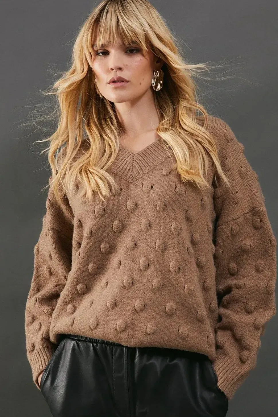 Bubble Knit Slouchy V Neck Jumper