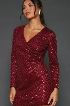 Burgundy Diamond Sequin Long Sleeve Ruched Wrap Mini Dress