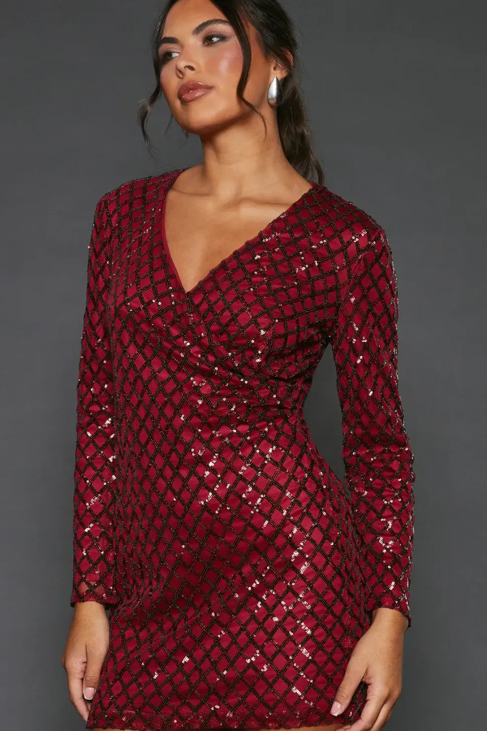 Burgundy Diamond Sequin Long Sleeve Ruched Wrap Mini Dress