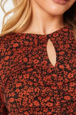 Burgundy Ditsy Floral Ruched Front Keyhole Midi Dress