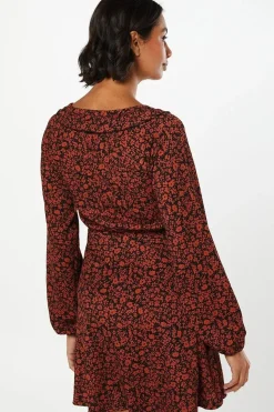 Burgundy Ditsy Frill Front V Neck Mini Dress
