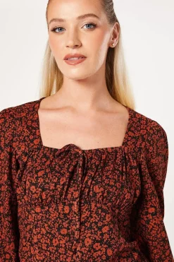 Burgundy Ditsy Tie Front Long Sleeve Top