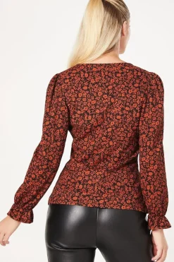 Burgundy Ditsy Tie Front Long Sleeve Top