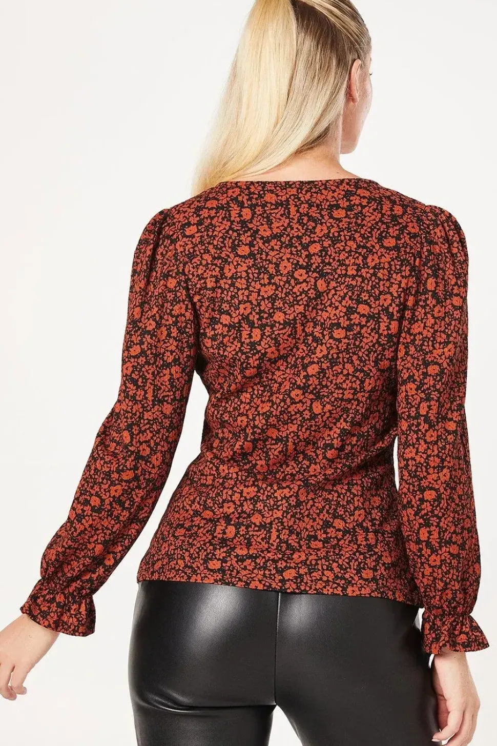 Burgundy Ditsy Tie Front Long Sleeve Top