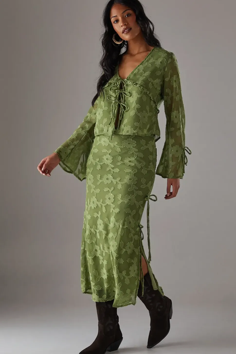 Burnout Chiffon Bias Tie Side Midi Skirt