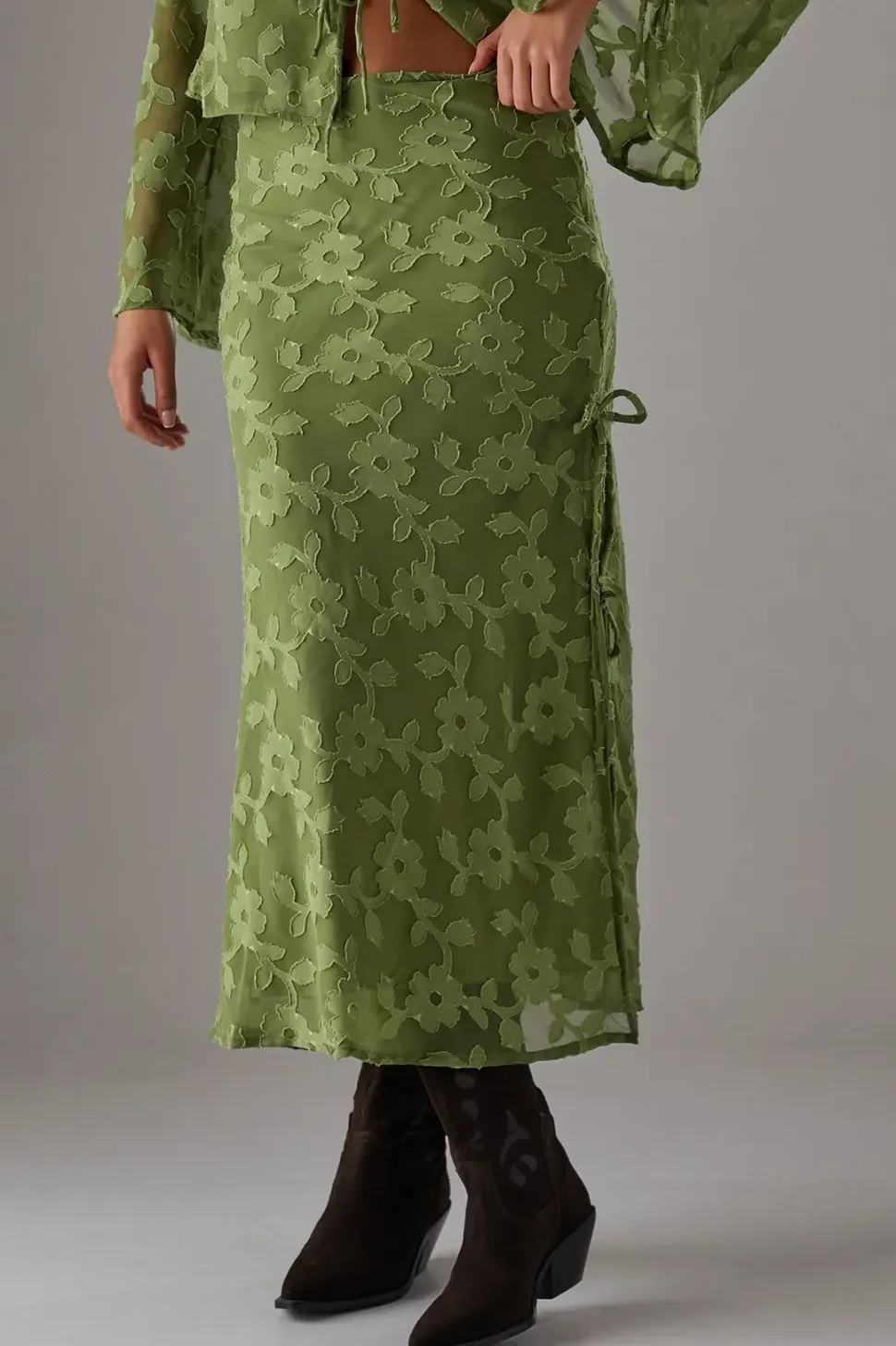 Burnout Chiffon Bias Tie Side Midi Skirt