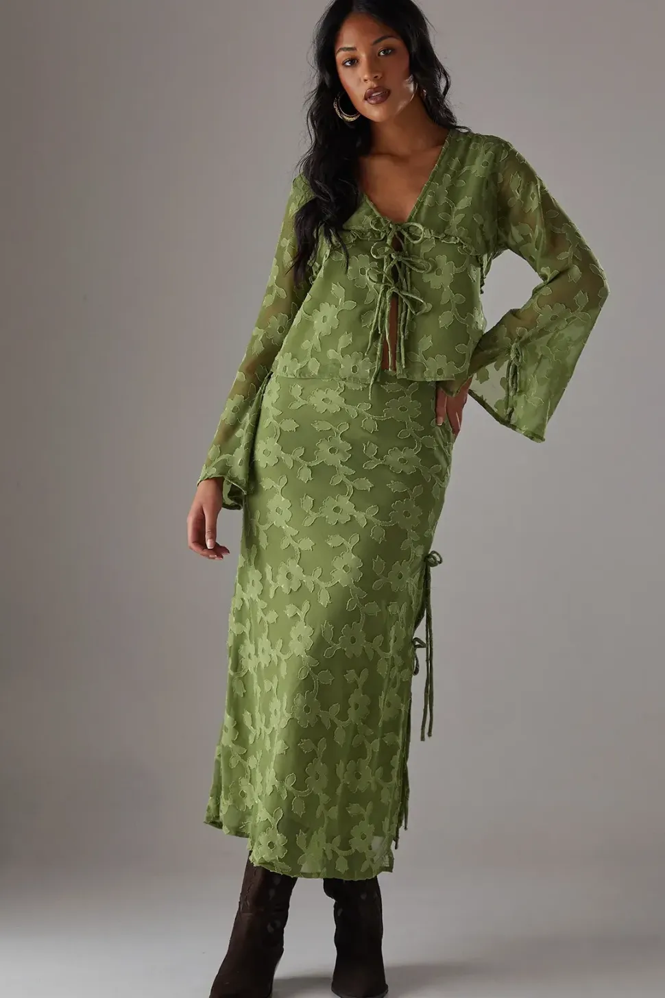 Burnout Chiffon Ruffle Tie Front Blouse Co-ord