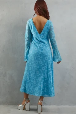 Burnout Chiffon Slash Neck Flutter Sleeve Bias Midi Dress
