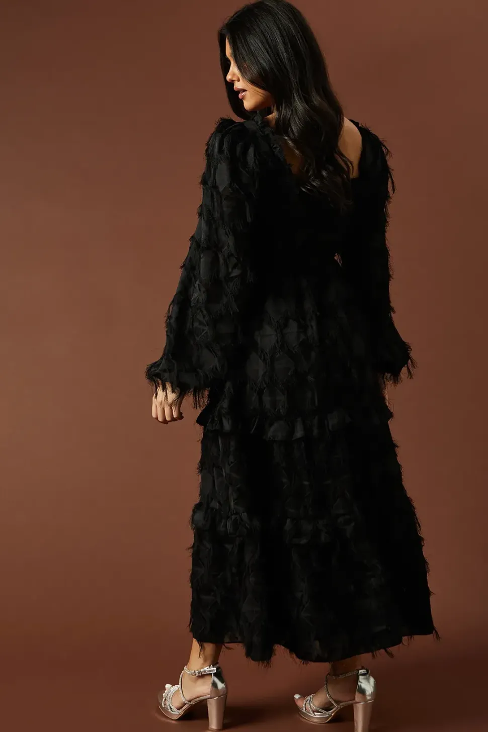 Burnout Chiffon Tie Detail Ruffle Tiered Midi Dress