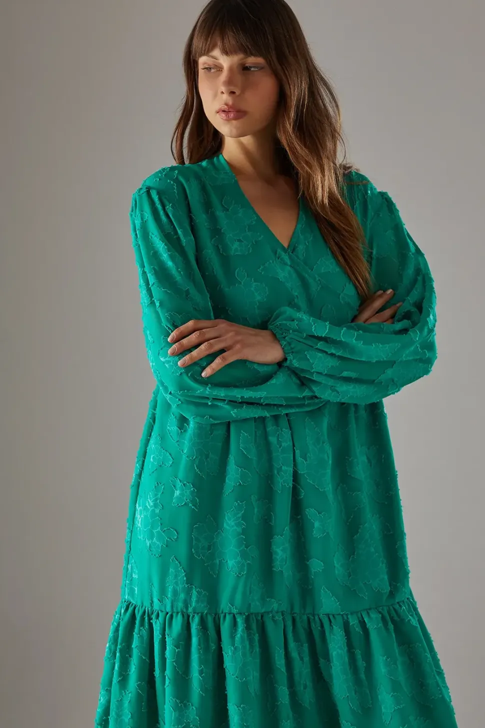 Burnout Chiffon Wrap Smock Midi Dress