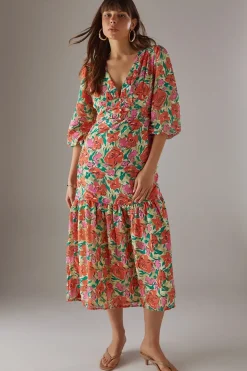 Burnout Floral Chiffon Plunge Neck Ruched Bodice Midi Dress
