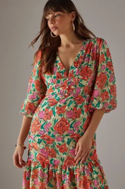 Burnout Floral Chiffon Plunge Neck Ruched Bodice Midi Dress