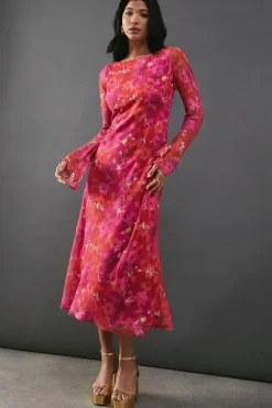 Burnout Floral Chiffon Slash Neck Bias Midi Dress
