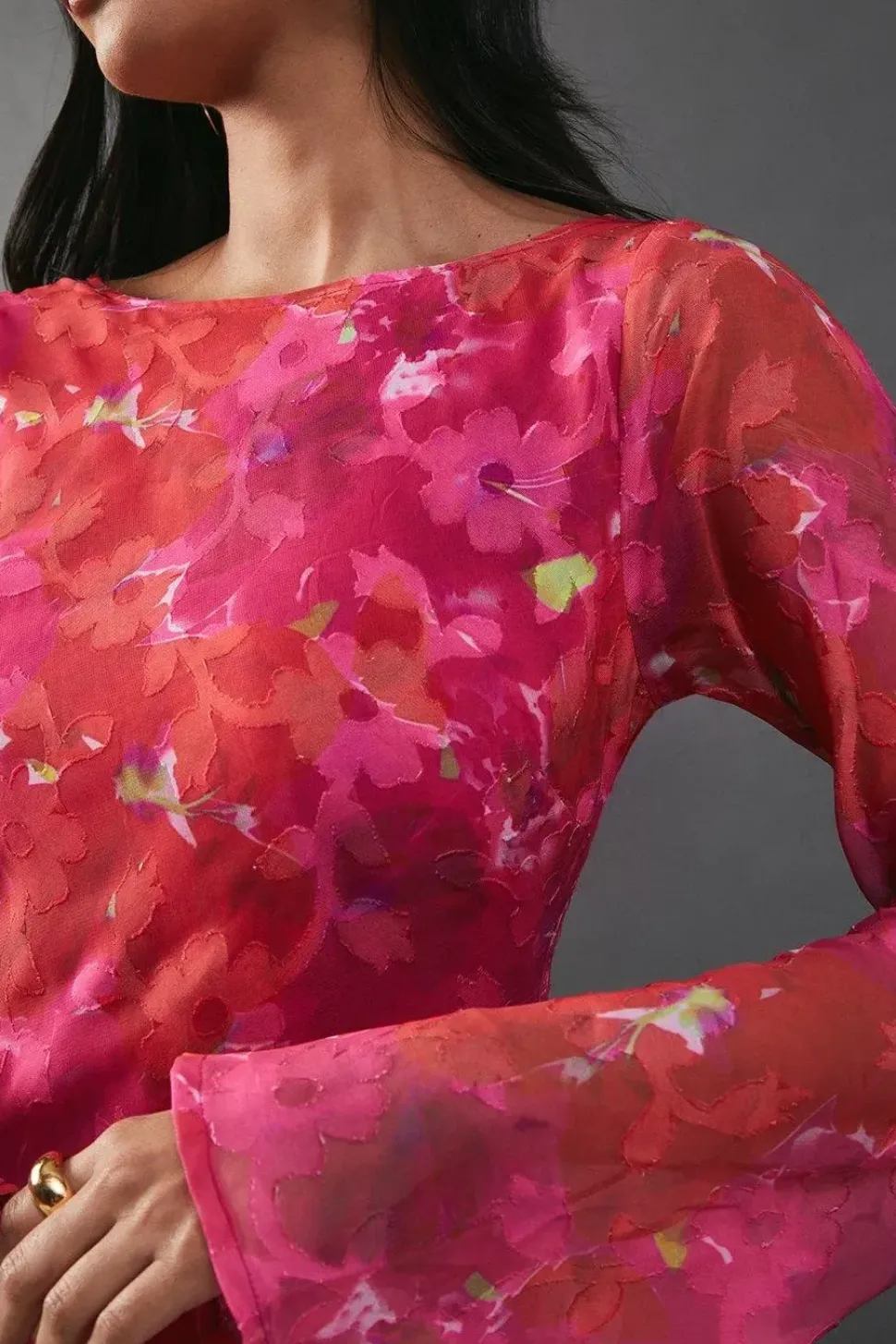 Burnout Floral Chiffon Slash Neck Bias Midi Dress