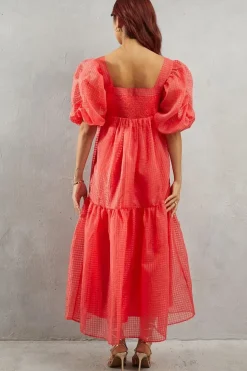 Burnout Gingham Organza Square Neck Midaxi Dress