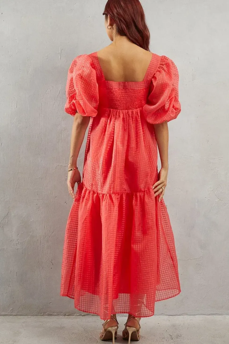 Burnout Gingham Organza Square Neck Midaxi Dress