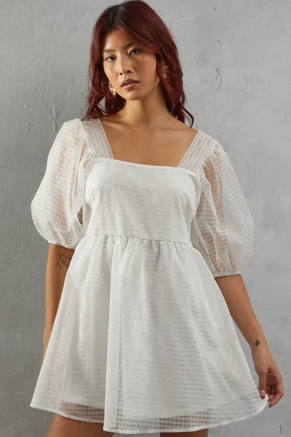 Burnout Gingham Organza Square Neck Mini Smock Dress