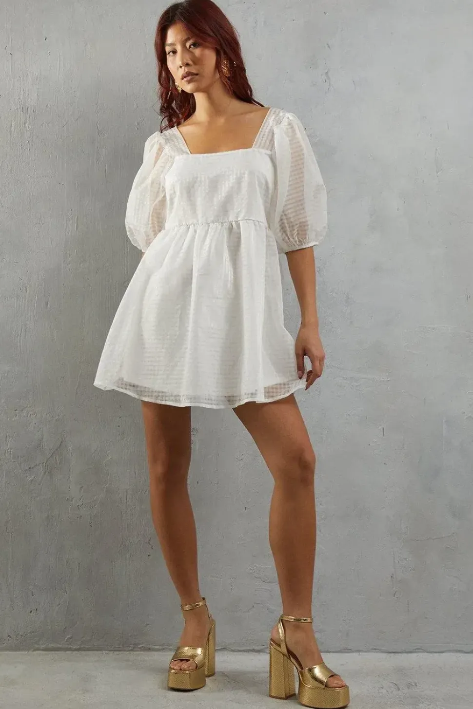 Burnout Gingham Organza Square Neck Mini Smock Dress