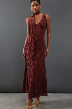 Burnout Jacquard Tie Neck Plunge Maxi Dress