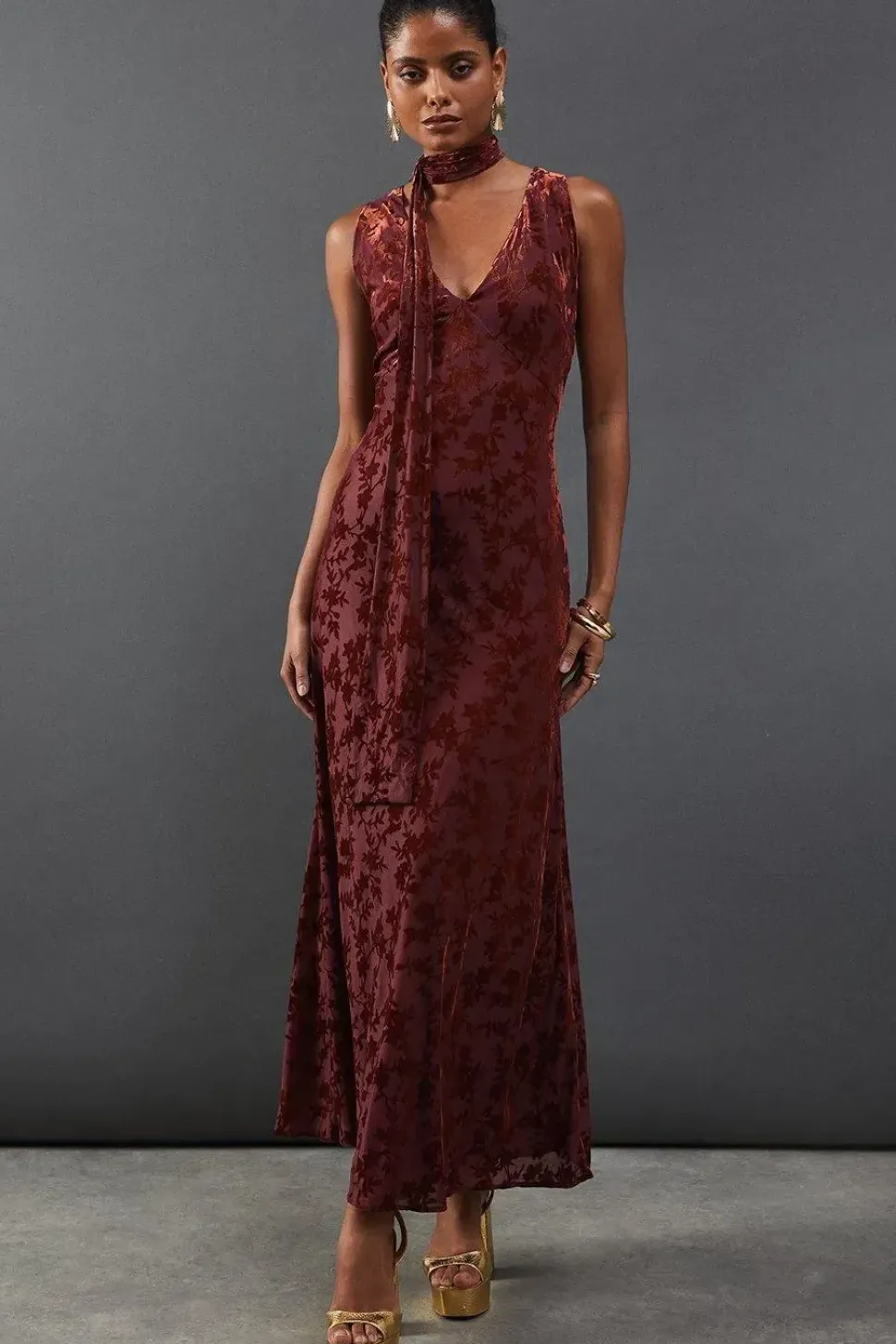 Burnout Jacquard Tie Neck Plunge Maxi Dress