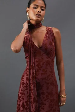 Burnout Jacquard Tie Neck Plunge Maxi Dress