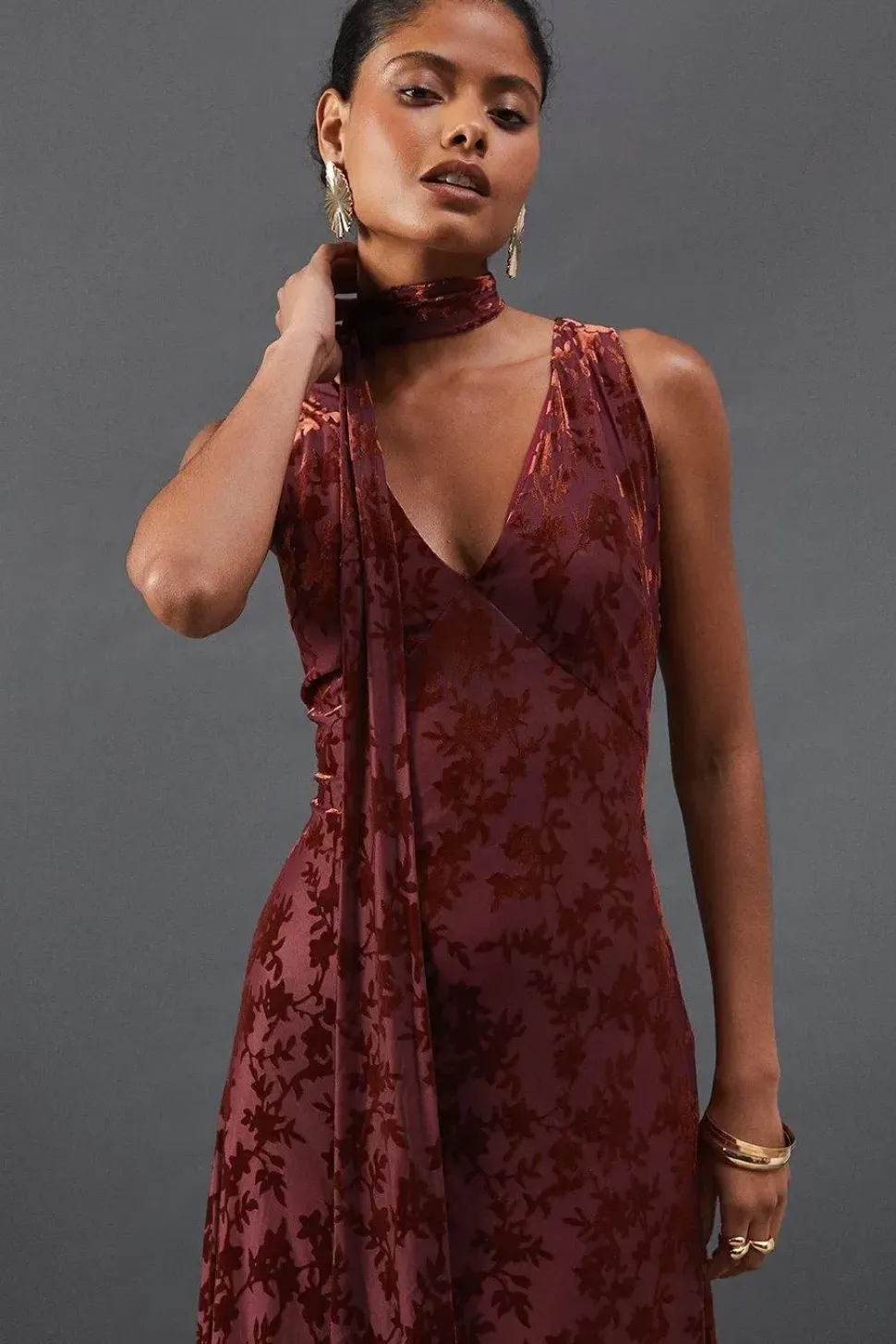 Burnout Jacquard Tie Neck Plunge Maxi Dress