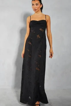 Burn Out Ruched Bust Lace Up Back Bandeau Maxi Dress