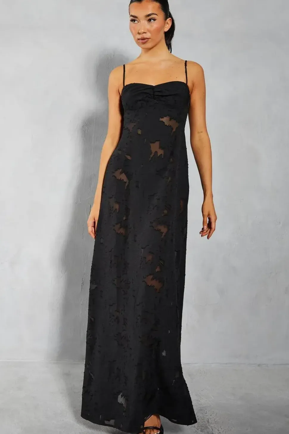 Burn Out Ruched Bust Lace Up Back Bandeau Maxi Dress