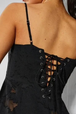 Burn Out Ruched Bust Lace Up Back Bandeau Maxi Dress