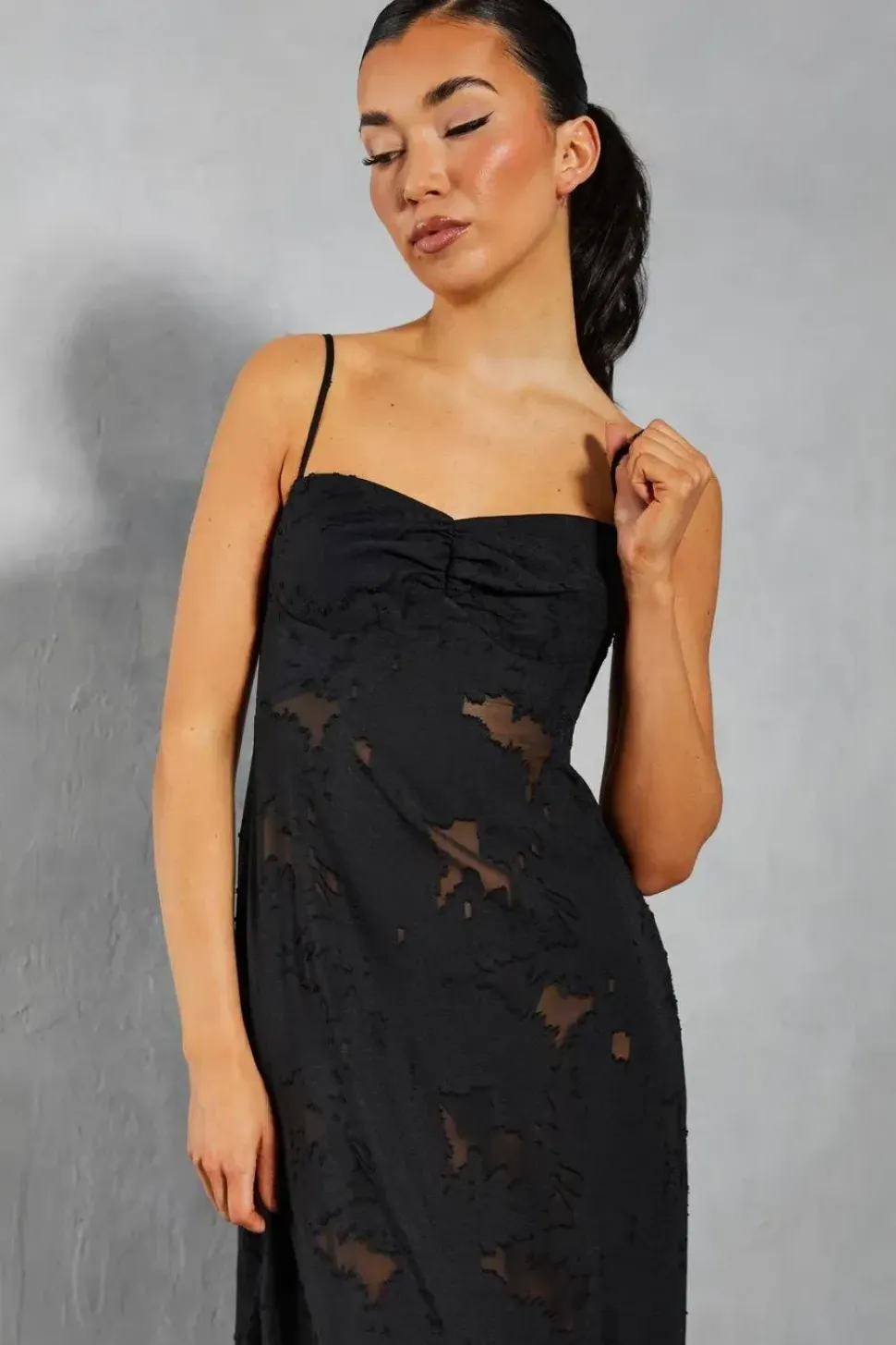 Burn Out Ruched Bust Lace Up Back Bandeau Maxi Dress