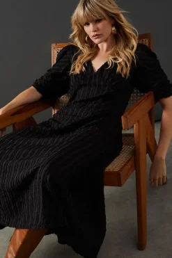Burnout Stripe Plunge Neck Volume Sleeve Midi Dress