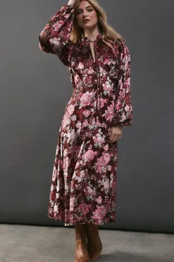 Burnout Velvet Balloon Sleeve Empire Seam Midi Dress