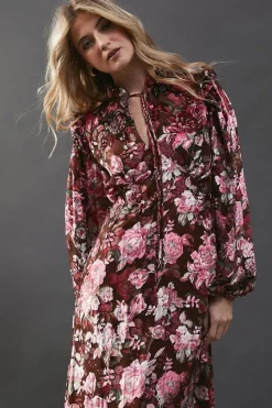 Burnout Velvet Balloon Sleeve Empire Seam Midi Dress