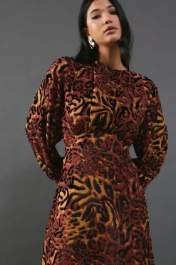 Burnout Velvet Balloon Sleeve Empire Seam Midi Dress