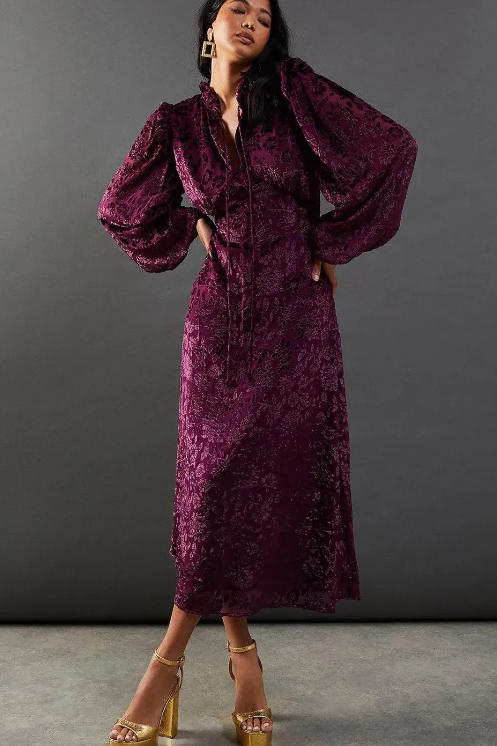 Burnout Velvet Frill Shoulder Tie Front Midi Dress
