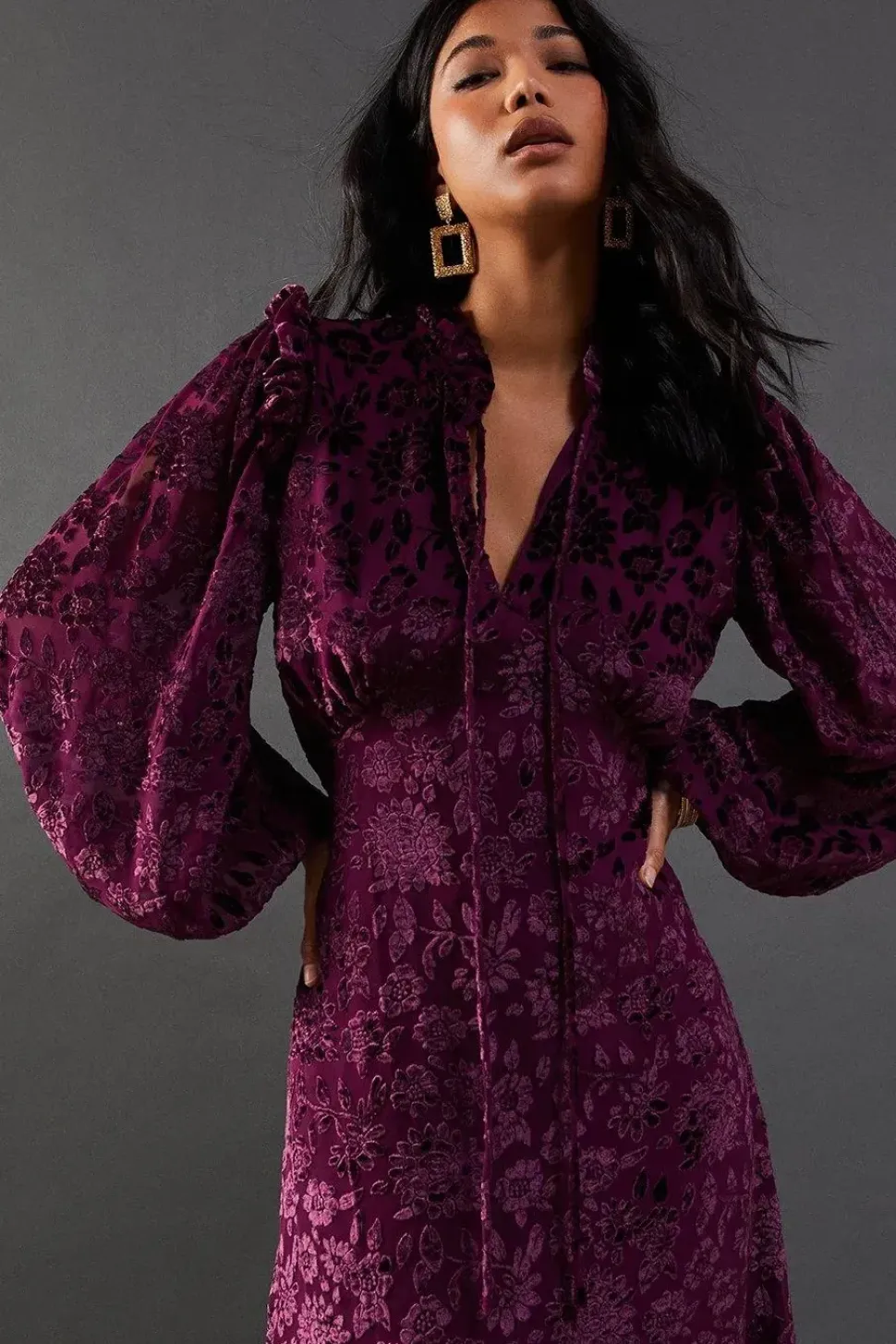 Burnout Velvet Frill Shoulder Tie Front Midi Dress